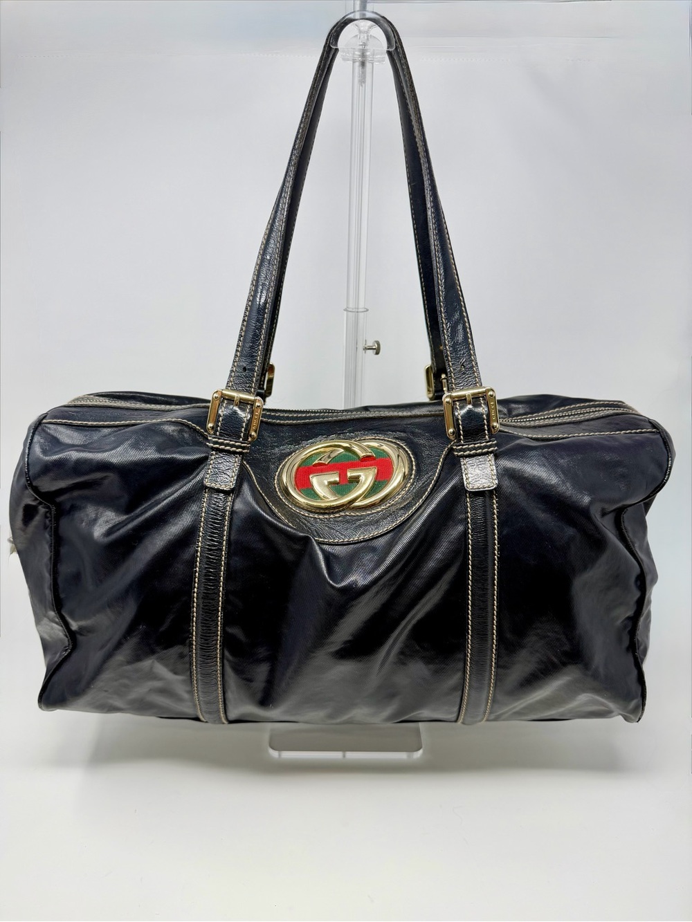 Gucci Dialux Britt Web Black Patent Leather Large Boston Bag -Dusty & COA